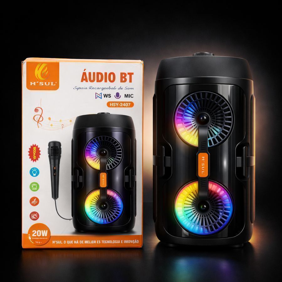 Caixa De Som 20W Com Luzes RGB H'SUL HSY-2407,Conexão bluetooth, TWS e rádio FM. Possui entrada P10, AUX, cartão TF e cabo USB.